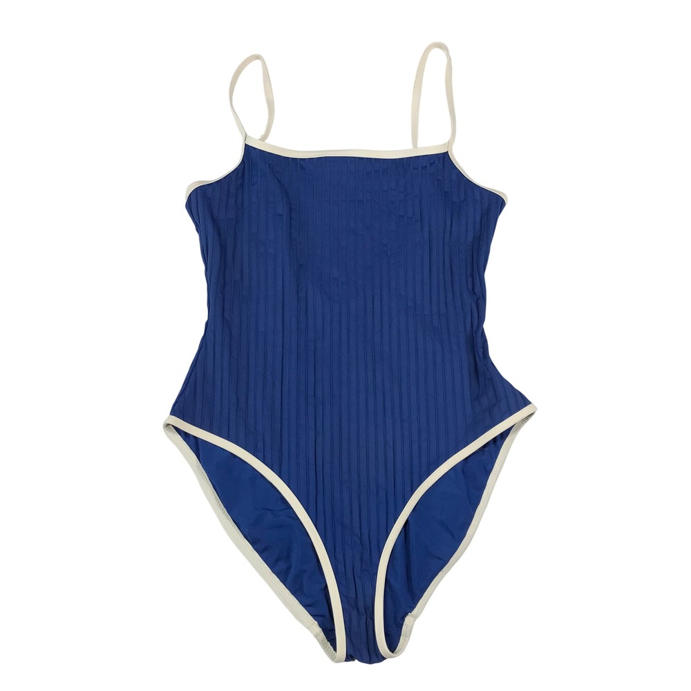 Aerie Real Good Ribbed One Piece Swimsuit Blue White Trim Square Neck Large
